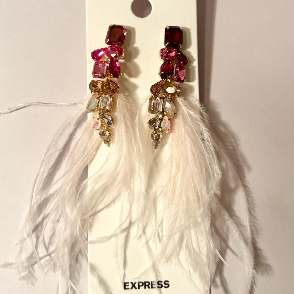 NWT Express Party Statement Pink Crystals & Feather Earrings